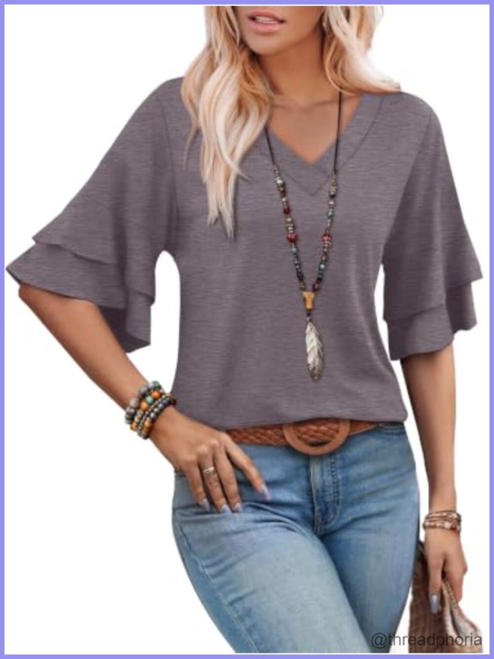 Women's V-Neck Ruffle Sleeve Blouse 3/4 Sleeve Boho Top